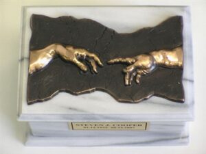 Renaissance Green White Urn w/Bronze Plaque